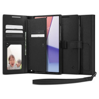 Луксозен кожен калъф тефтер портмоне с кайшка и слотове за карти Spigen Wallet S Plus за Samsung Galaxy S23 Ultra 5G SM-S918B черен 